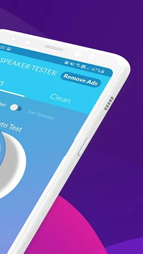 Speaker Tester app interface displayed on white smartphone showing Remove Ads button and Clean speaker feature
