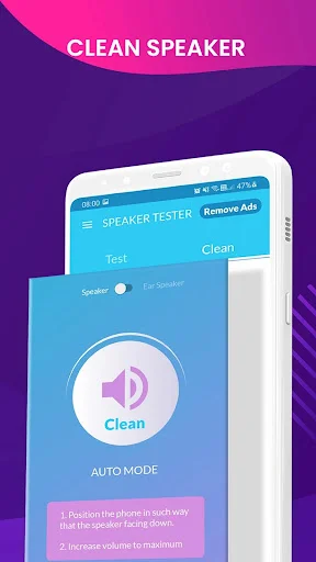 Clean Speaker screen with auto mode cleaning interface, circular button, and setup instructions for speaker water removal