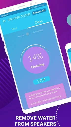 Remove water from speakers feature showing 14% cleaning progress with instructions for automatic speaker drainage mode