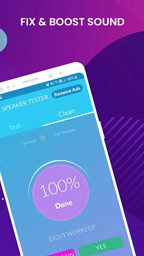 Fix & Boost Sound completion screen at 100% Done with feedback prompt asking if speaker cleaning worked successfully