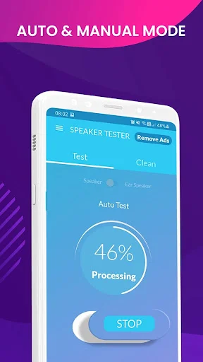 Auto & Manual Mode test screen showing 46% processing with Auto Test feature and stop toggle for speaker diagnostics