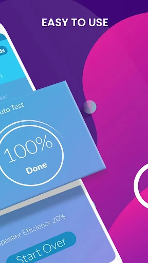 Easy to use Speaker Tester completion screen showing 100% Done with speaker efficiency rating and Start Over option