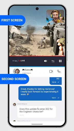 Split screen launcher showing live action game on top and messaging app below running simultaneously