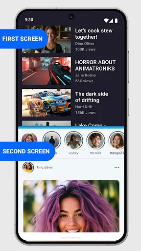 Split screen launcher showing video browsing app above and social media feed below