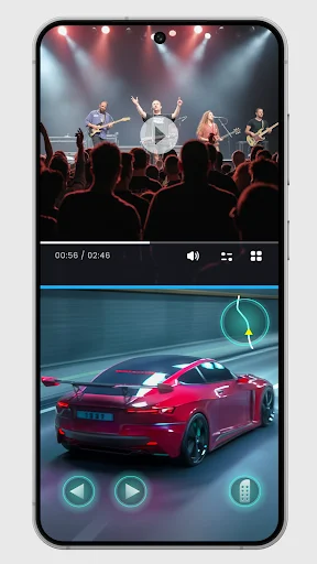 Split screen launcher featuring concert video performance above and gaming app below simultaneously