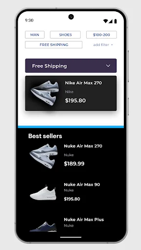 Split screen launcher showing shopping interface with Nike shoe products, filters, and pricing information