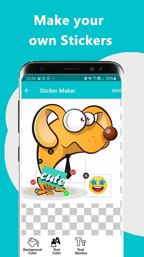 Sticker Maker app interface showing cartoon dog character in editor with background, color, and shadow customization tools for creating custom stickers