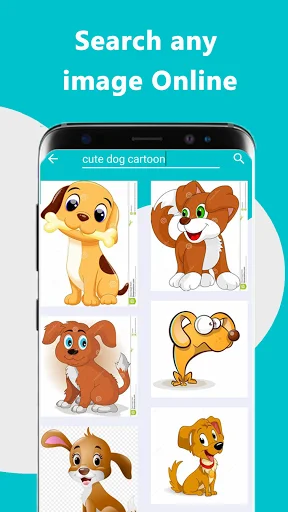 Image search gallery in Sticker Maker displaying cute dog cartoon options in grid format for selecting and importing images to create stickers
