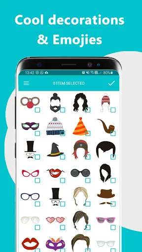 Sticker decoration accessories menu featuring hats, glasses, emojis, beards, and facial features with checkboxes for customizing sticker designs