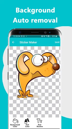 Sticker editor with transparent background removal feature displaying cartoon dog character isolated on checkered pattern for clean sticker editing