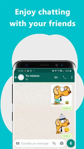 Messaging app conversation showing custom dog stickers created with Sticker Maker being shared and sent to friends during chat