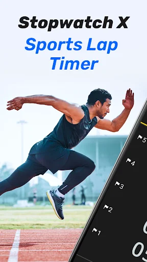 Stopwatch X Sports Lap Timer app splash screen featuring a runner sprinting on track with app title branding