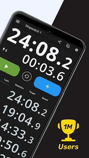 Sports stopwatch main interface showing 24:08.2 elapsed time, 00:03.6 current lap, numbered lap history list, and playback controls