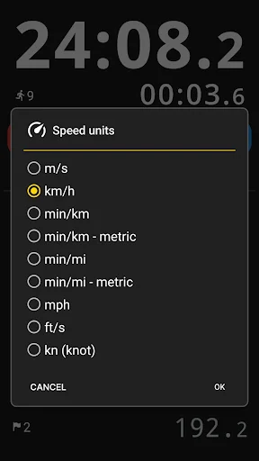 Speed units settings menu with nine customizable measurement options: km/h, mph, m/s, min/km, min/mi, ft/s, and knots
