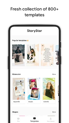 StoryStar template library with 800+ fresh designs including Popular templates, Watercolor, and Shapes
