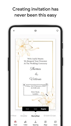 Easy wedding invitation creation with decorative borders, elegant text, and editing tools