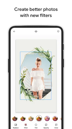 Photo editor with floral frame overlay and filter options including Indie, Filter, Text, Opacity, and Glow