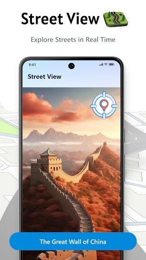 Street View feature showing Great Wall of China landscape panorama with compass navigation tool