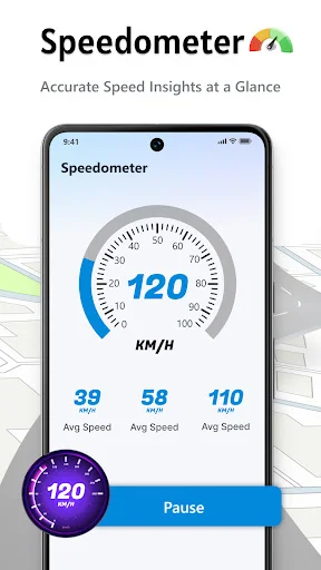 Speedometer displaying current speed 120 KM/H with average speed metrics and pause button control