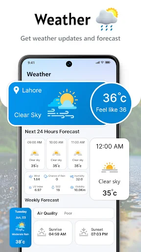 Weather app showing Lahore current conditions 36°C clear sky with hourly and weekly forecast display