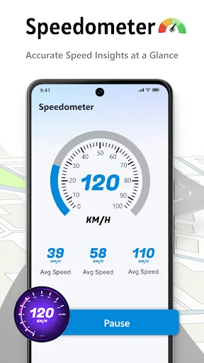Speedometer screen showing current speed of 120 KM/H with average speed statistics and pause button for speed monitoring