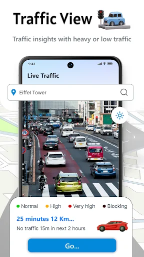 Live Traffic View showing busy street camera feed with traffic legend indicating normal, high, very high, and blocking conditions