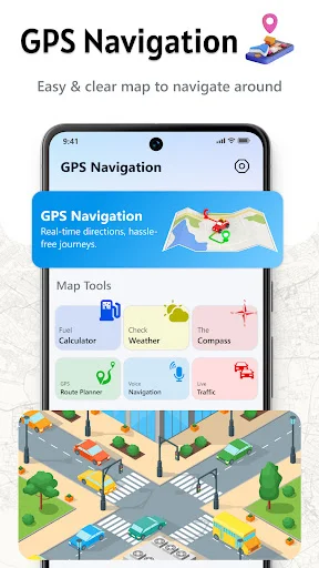 GPS Navigation app with Map Tools menu: Calculator, Weather, Compass, Route Planner, Navigation, and Traffic