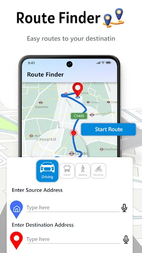 Route Finder interface: map with start/destination pins, blue route path, Start Route button, address inputs