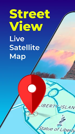 Street View Live Satellite Map app launch screen with yellow branding text, location pin marker, and scenic landscape map preview