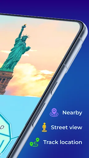 Street View of Statue of Liberty with menu options for Nearby places, Street view mode, and Track location feature