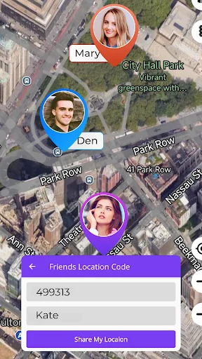 Friends location sharing interface showing satellite map with multiple contact location markers and location code sharing option