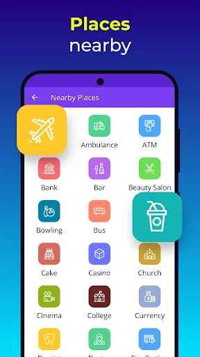 Places nearby search feature displaying category grid including flights, ambulance, ATM, bank, bar, salon, and transportation locations