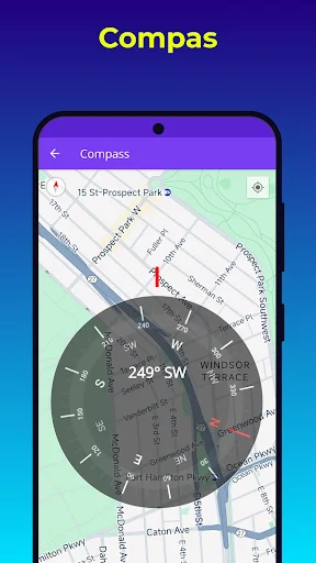 Compass navigation feature overlaid on street map showing directional bearings at 249° SW with cardinal direction indicators