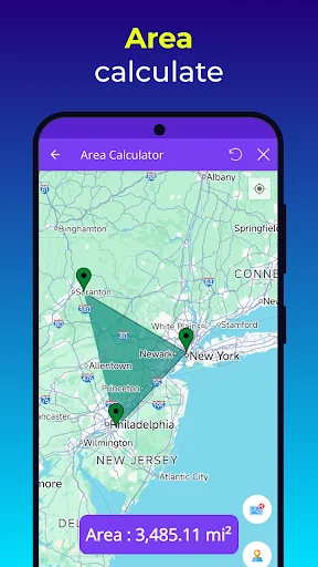 Area calculator tool on satellite map showing calculated polygon measurement result of 3,485.11 square miles in northeastern region