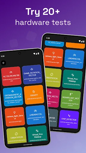 Testy hardware tests screen displaying 20+ diagnostic test options including accelerometer, gyroscope, GPS, camera calibration, and motion detection tests