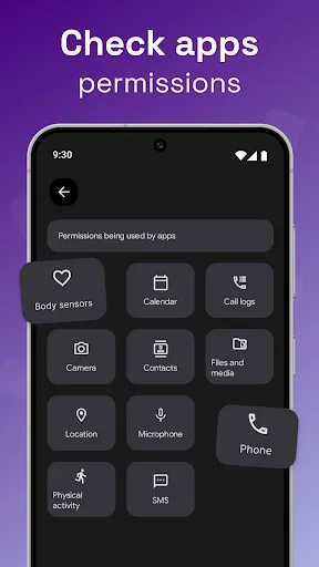 Testy app permissions checker showing permissions used by apps including camera, location, microphone, contacts, calendar, and body sensor permissions