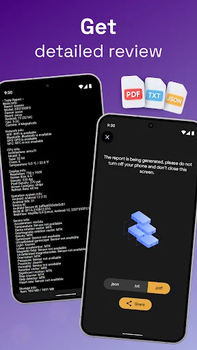 Testy detailed review export feature showing PDF, TXT, and JSON report format options with sample test reports generated from phone diagnostics