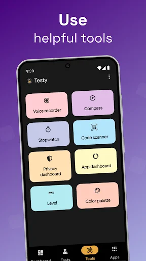 Testy helpful tools interface displaying utility tools including voice recorder, compass, screenshot tool, code scanner, privacy dashboard, and color palette