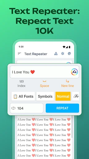 Text Repeater interface with 'I Love You' repeated 104 times using heart symbols and formatting options