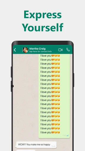 Text Repeater in WhatsApp chat showing repeated 'I love you' messages with emojis in conversation