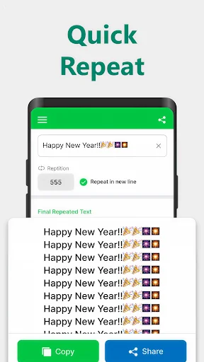 Text Repeater quick repeat function for 555 repetitions of celebratory text with fireworks emojis