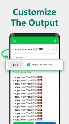 Text Repeater customize output settings showing 'Repeat in new line' formatting toggle option