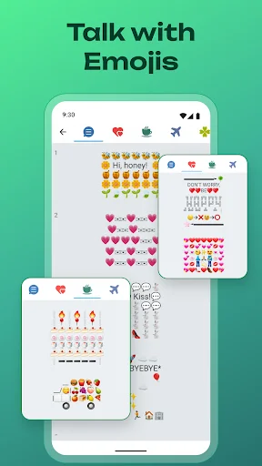Text Repeater emoji selector with organized categories of smileys, hearts, airplanes, and symbols