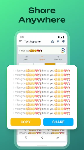 Text Repeater share feature showing repeated text preview with Copy and Share buttons for messaging