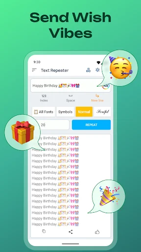 Text Repeater wish vibes for creating repeated birthday and celebration messages with decorative emojis