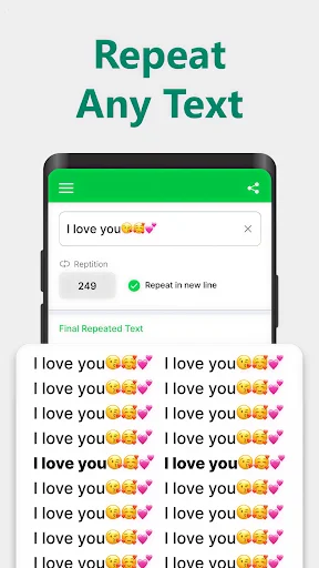 Text Repeater showing 249 repetitions of 'I love you' text with emoji decorations in final output