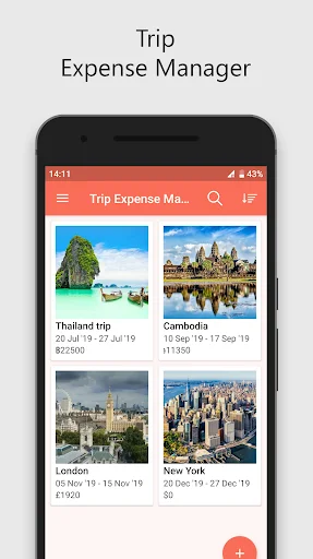 Trip Expense Manager main screen displaying trip cards with dates, amounts, search and filter options