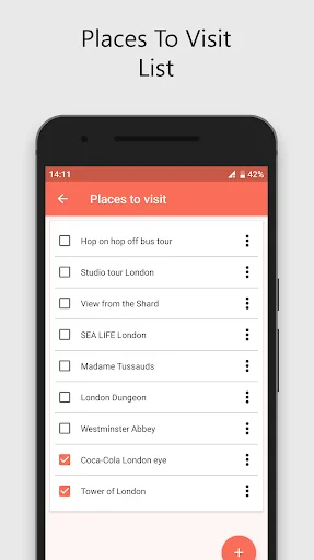 Places to visit checklist for trip itinerary with tourist attractions and visited status tracking