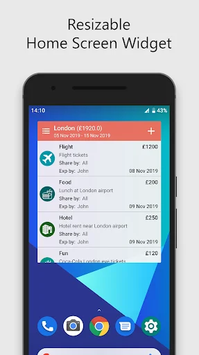 Trip Expense Manager widget for home screen showing quick summary of trip costs and individual expenses