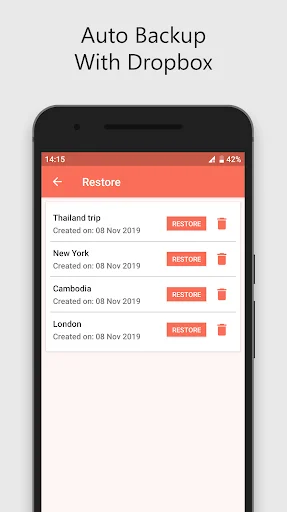 Cloud backup and restore interface with Dropbox showing trip backups with dates and restore options